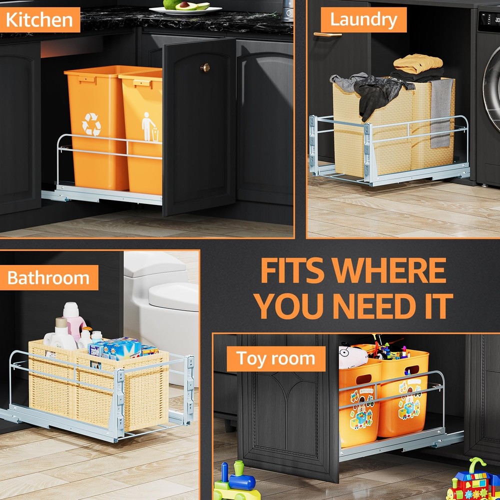 Double Pull Out Trash Can Under Cabinet with Door Double, Silver
