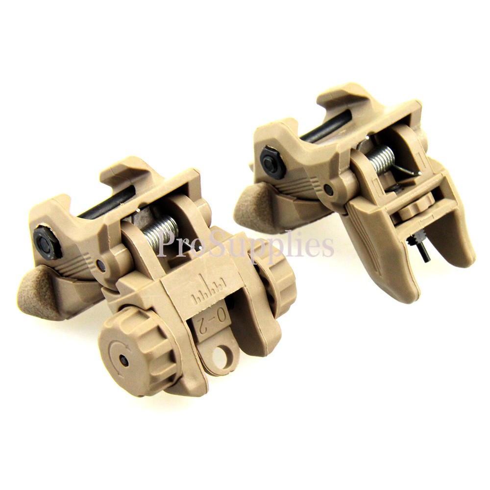 TAN Polymer Flip Up Folding Auto Deploy Front & Rear BUIS Back Up Sight Set