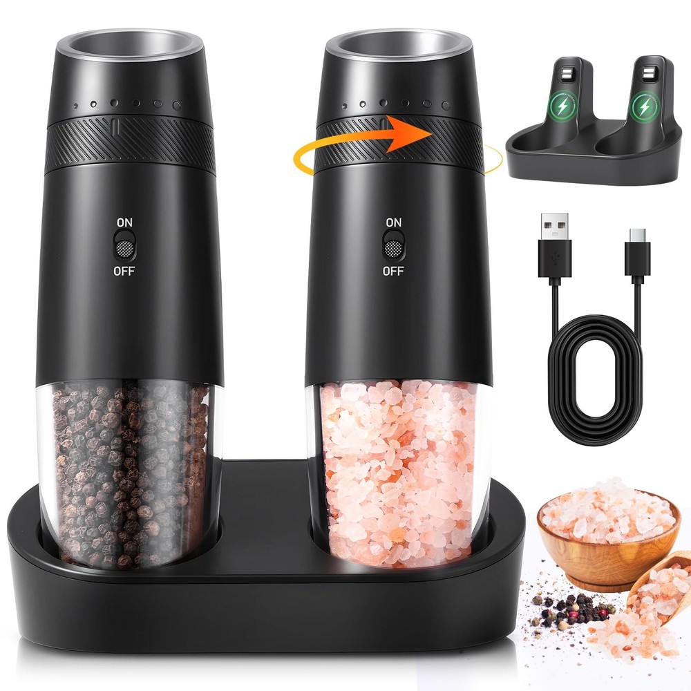 Salt and Pepper Grinder Set Rechargeable with Charging Base, Automatic Shaker...