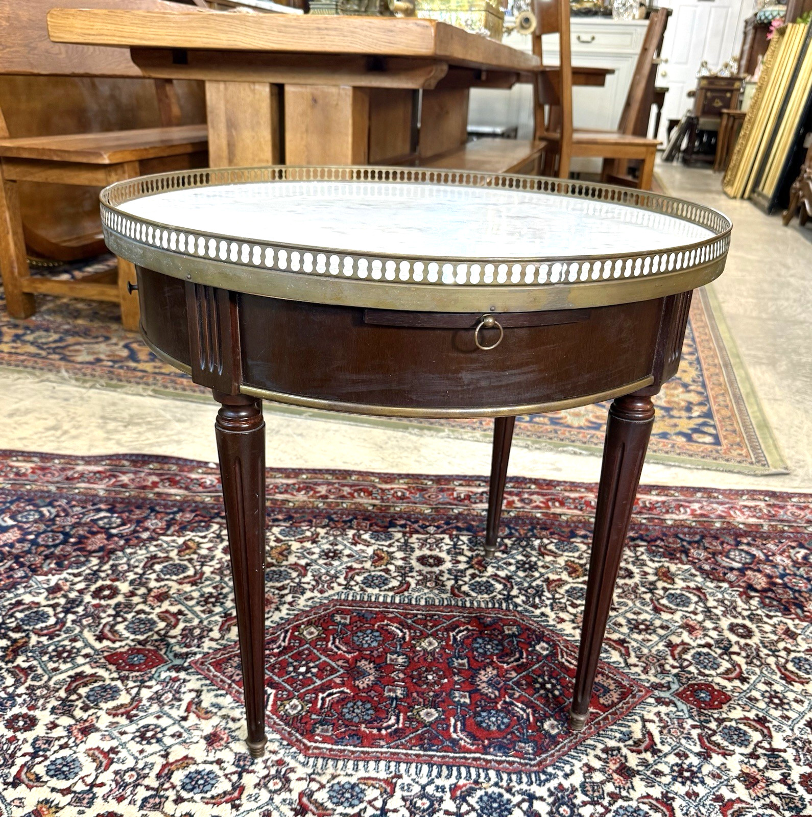 Antique French Louis XVI Mahogany Marble Top Bouillotte Round Side Table
