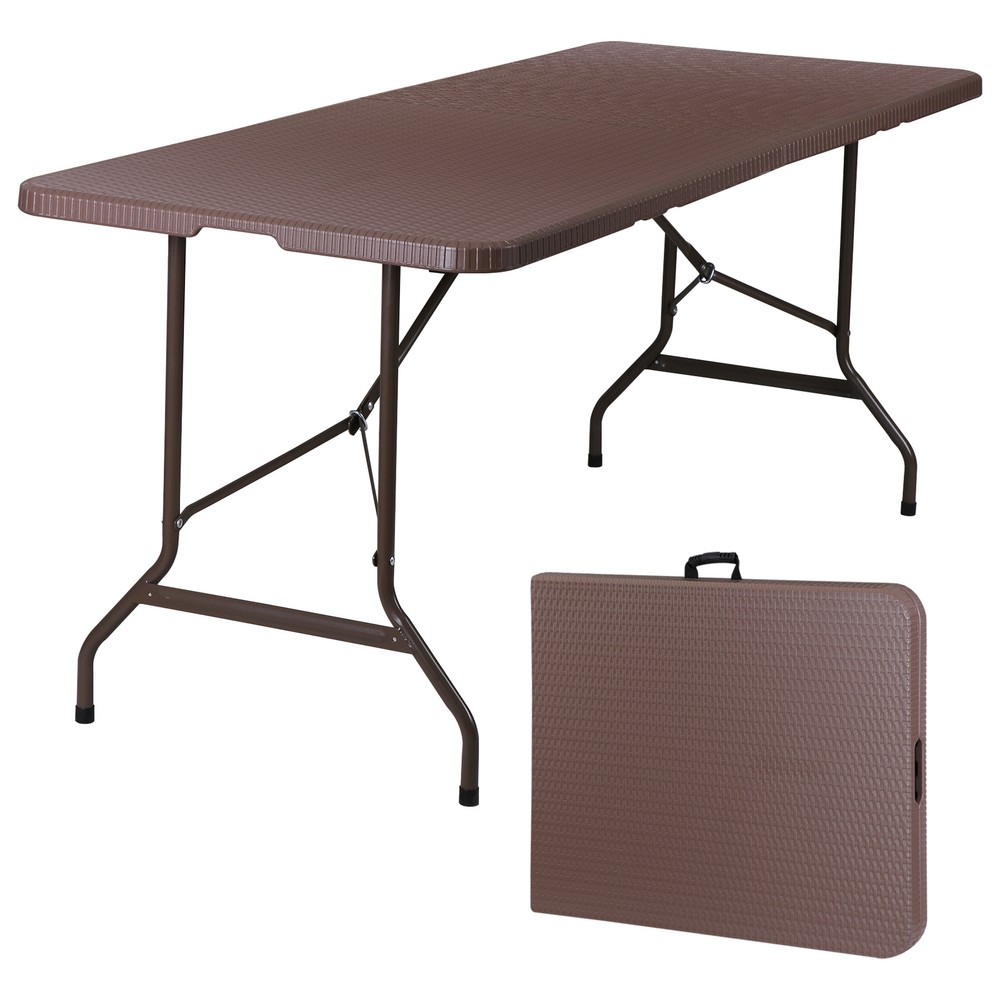 6FT Plastic Folding Table - Folds in Half w/ Carrying Handle Rectangular Brown