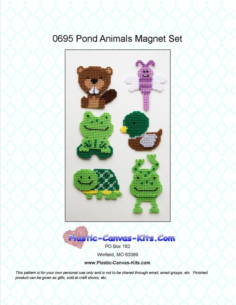 Pond Animals Magnet Set- Beaver, Dragonfly, Frog-Plastic Canvas Pattern or Kit