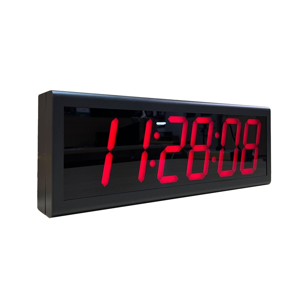 Red LED Time Display Power over Ethernet Clock, Black Background, Metal Case