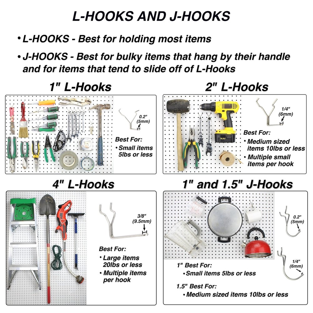 Pegboard Hooks Set - Tool Organizer Kit with Assorted L, J Hooks, Pliers Rack