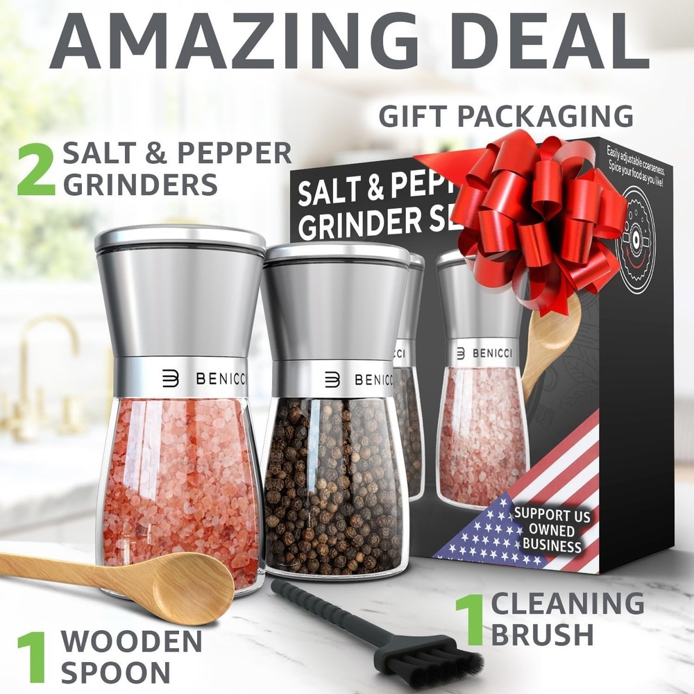 Refillable Manual Salt and Pepper Grinders Set - Adjustable Coarseness Control