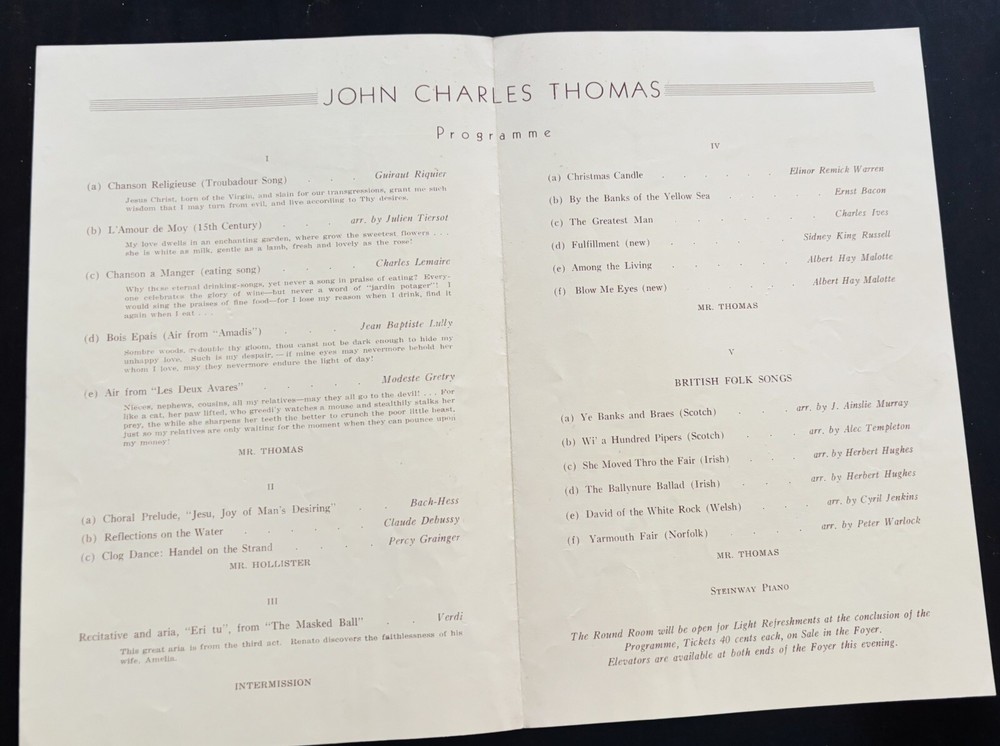 John Charles Thomas 1941 Concert Hand Signed Program Eaton Auditorium Original