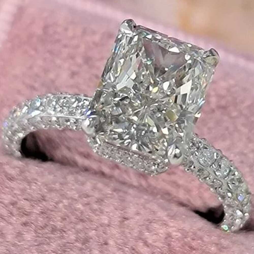 3.8 TCW Radiant Cut Moissanite Hidden Halo Engagement Ring 14K White Gold Plated