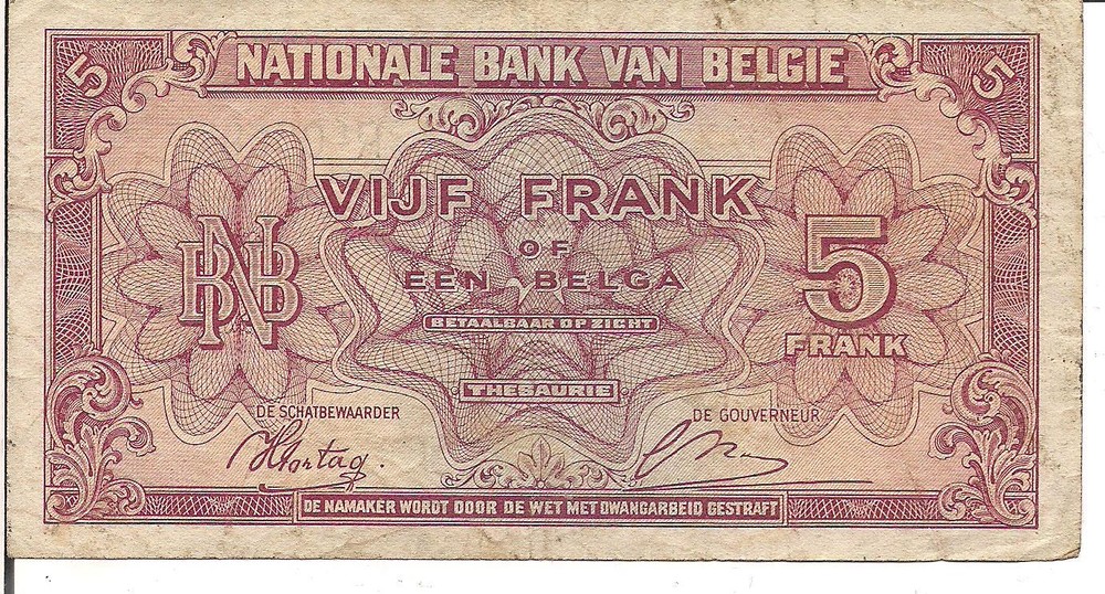 BELGIUM, 5 FRANCS, 1943