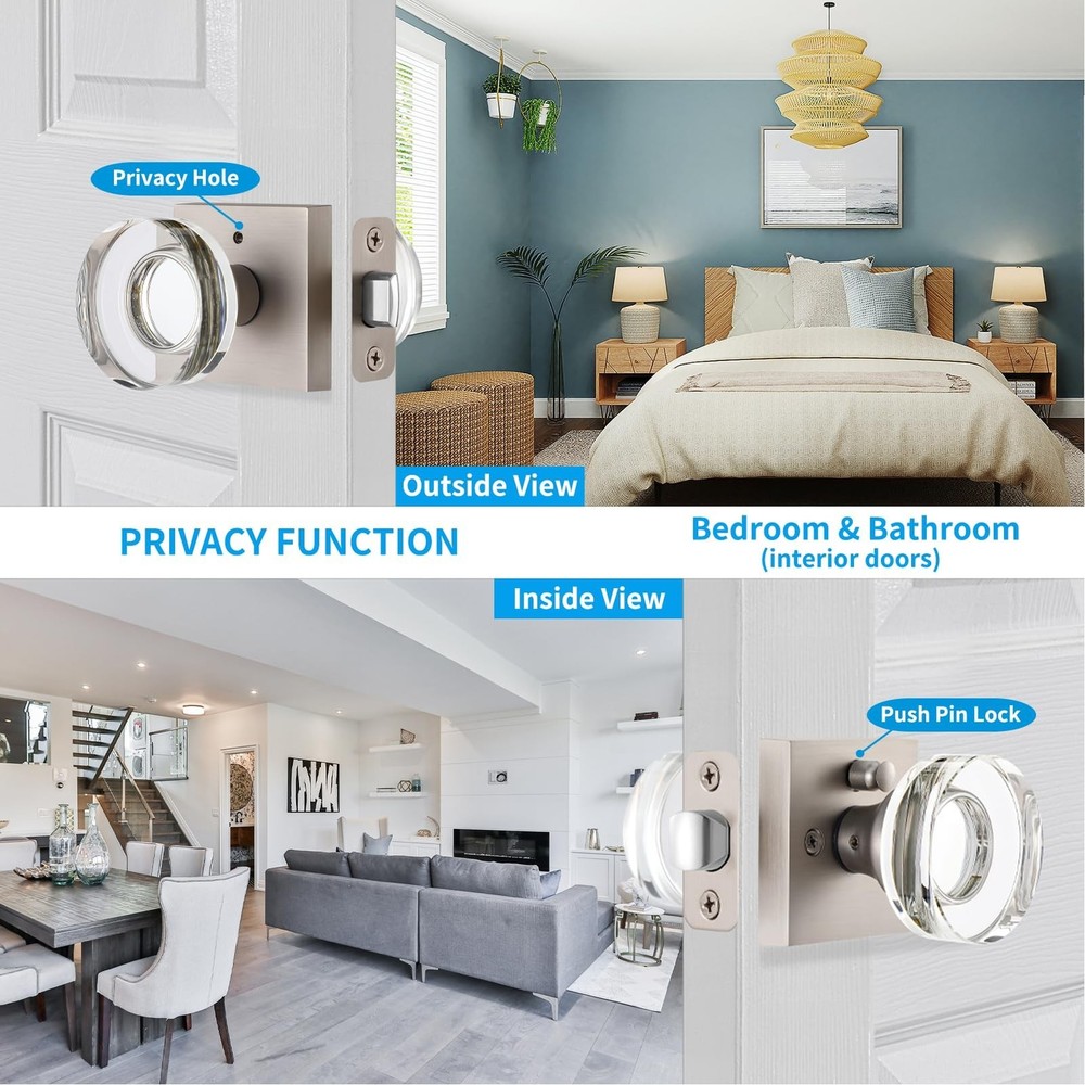 Crystal Door Knobs - Brushed and Satin Nickel Interior Privacy Knobs with Loc...