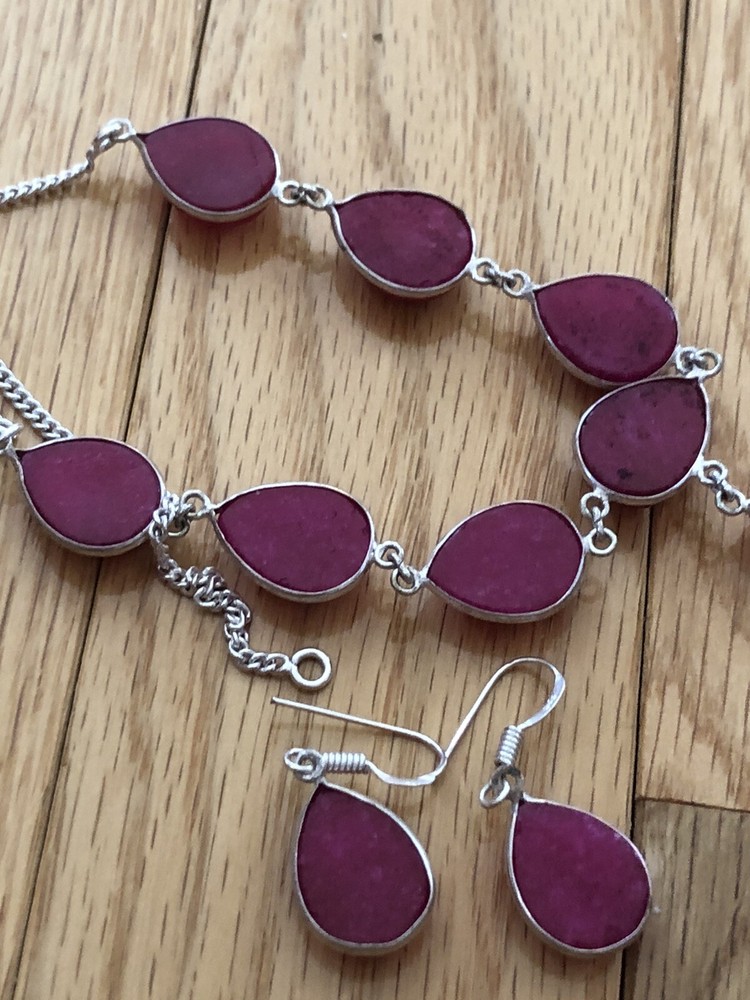 Red Simulated Ruby Necklace Faceted with Earrings Artisan Made