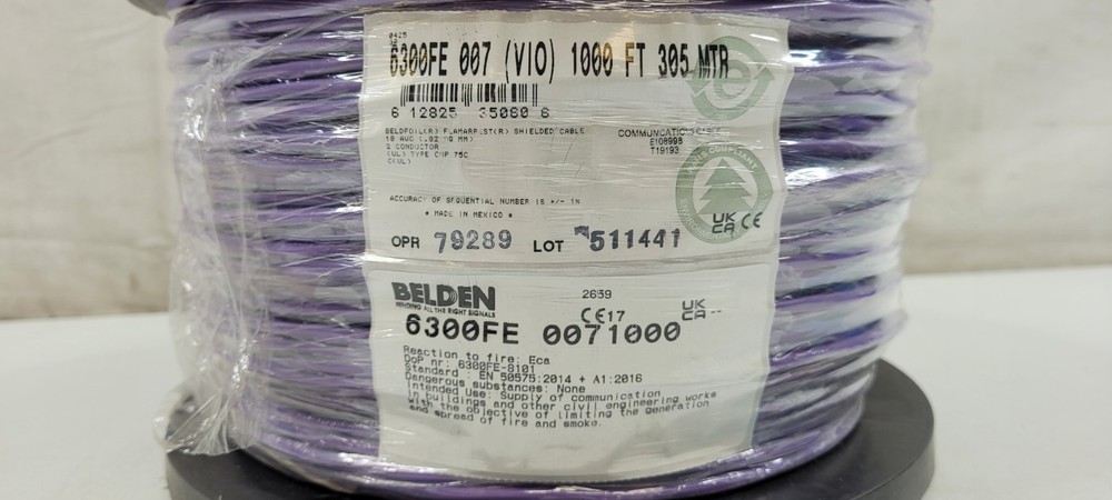 1000FT Belden Wire 6300FE 18/2C Shielded Media Control/Audio Cable Plenum Violet