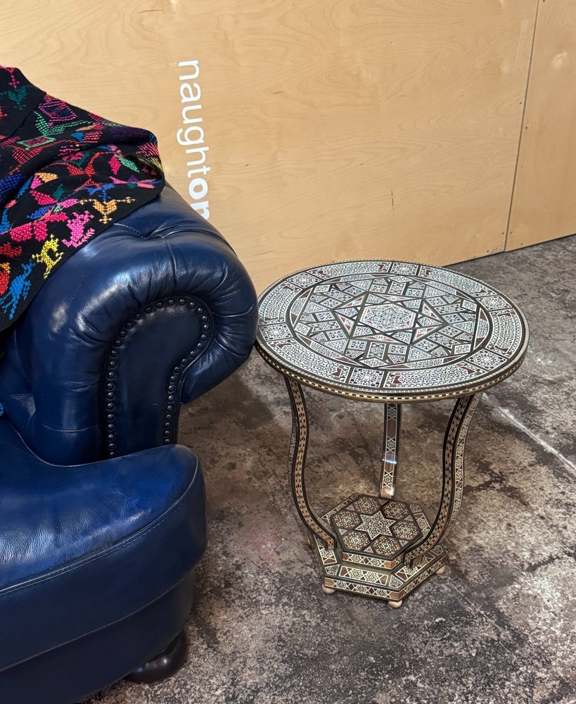 Outstanding Middle Eastern Handcrafted Round Side Table with Geometric Inlay