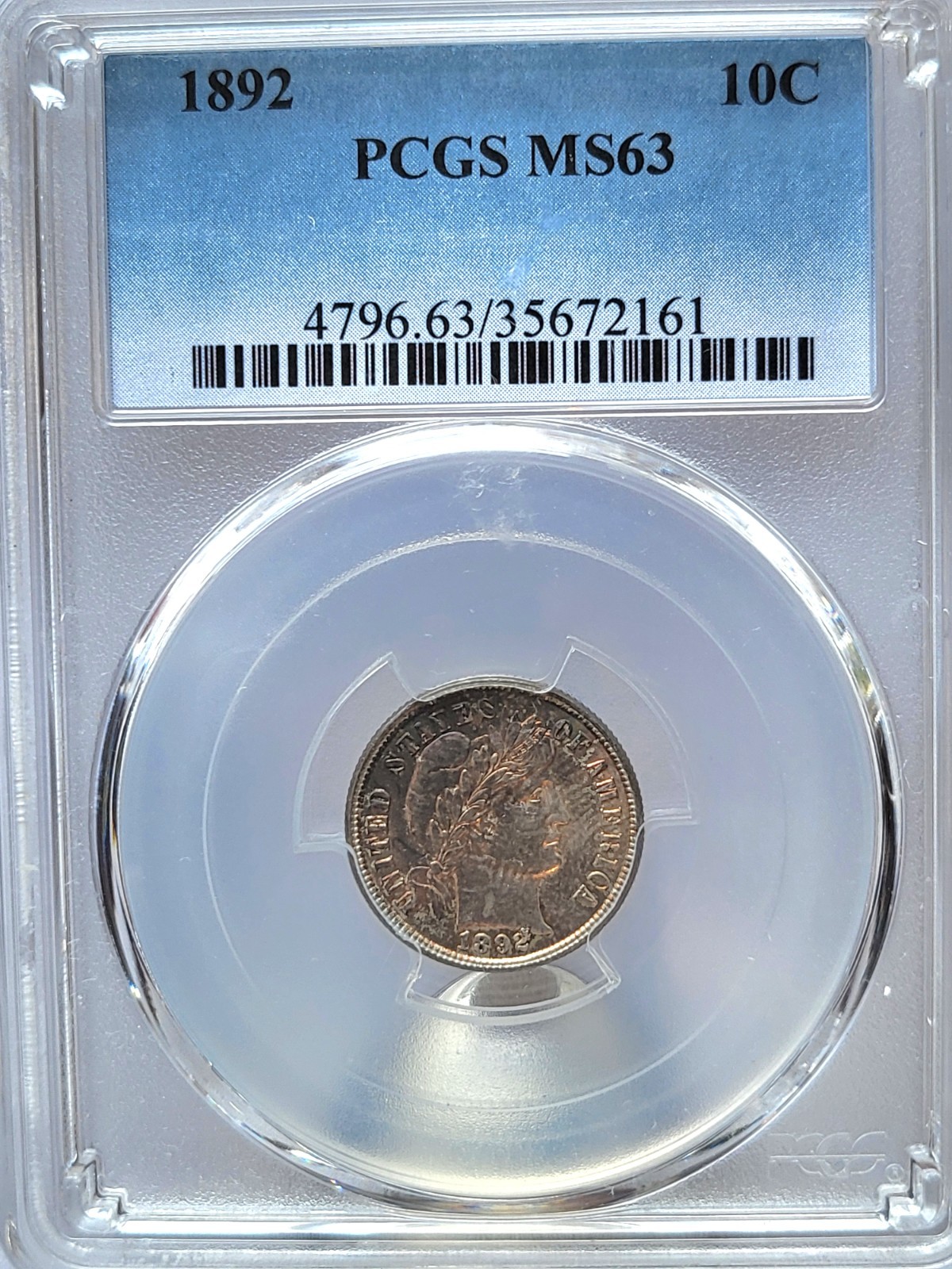 1892 PCGS MS-63 Barber Dime-colorful toning on obverse. #185