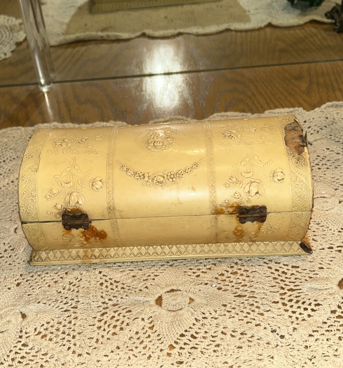 Antique Jewelry Box Engraved Angel Celluloid Wrapped Wood 9x 3.75 Oval Quite Old