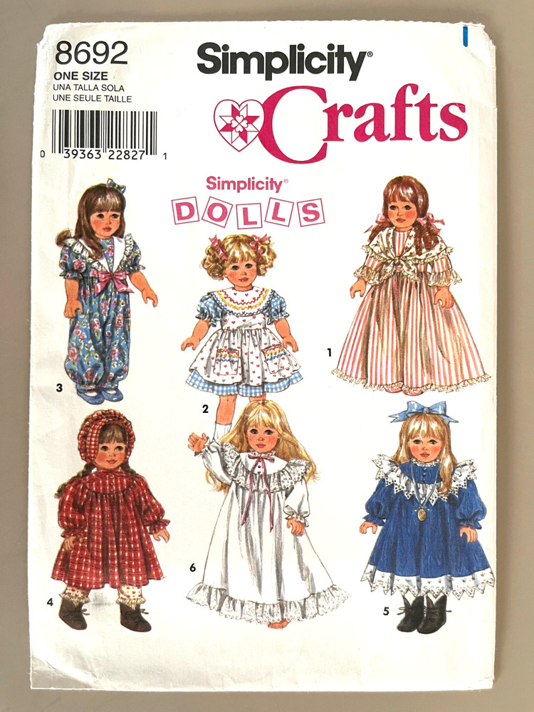 1990's Simplicity Wardrobe for Doll Pattern 8692 Size 18" UNCUT