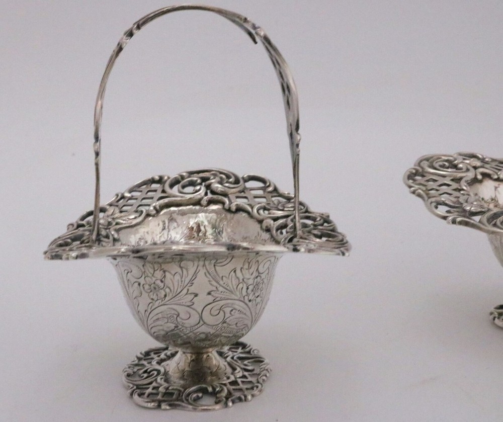 Pair Antique Sterling Silver Sugar Baskets w/ Handles, Engraved Pattern – Heavy