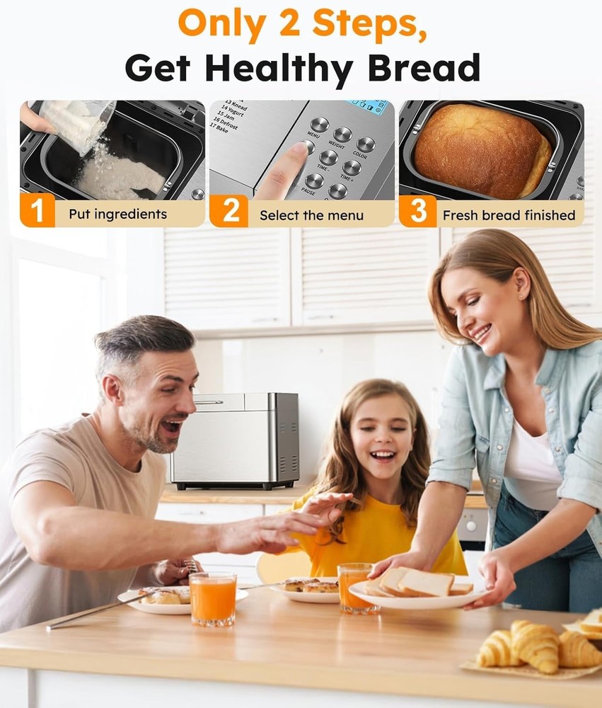 Stainless Steel 2LB Bread Machine with Custom Programs & 15-Hour Delay Timer