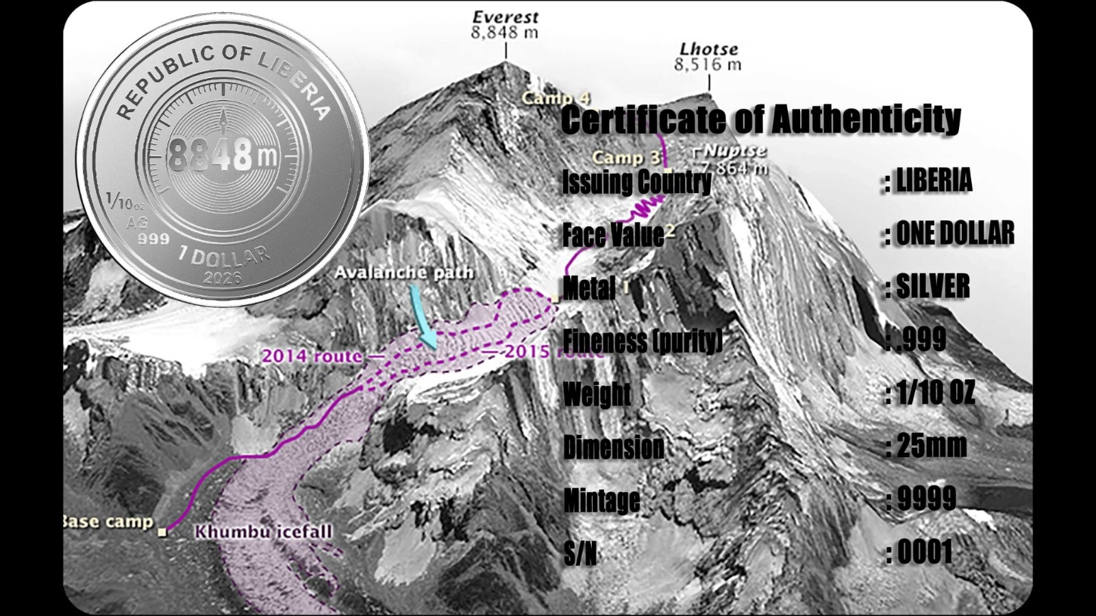 MOUNT EVEREST 1/10 Oz Silver Coin 1$ Liberia 2026