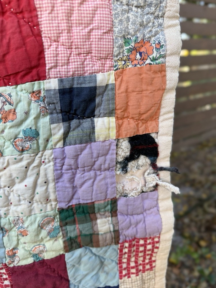 Vintage 80x68 Handmade Patchwork Quilt Scrappy Postage Stamp Primitive Worn