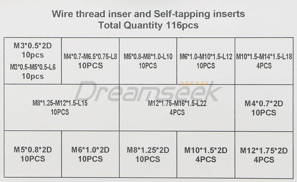 116pcs Helicoil Thread Insert Self Tapping Threaded Inserts Kit Stainless Steel