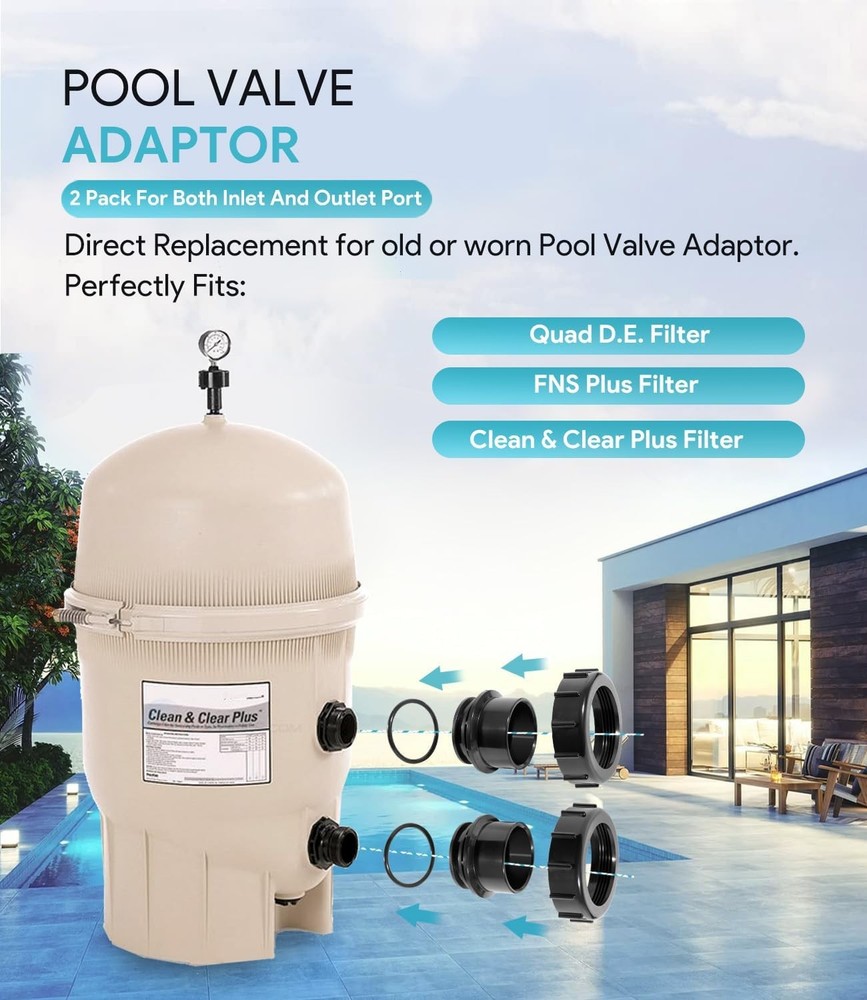 2Pack 270100 Black Pool Valve Adaptor Replacement Kit Fits Pentair D.E. Filter