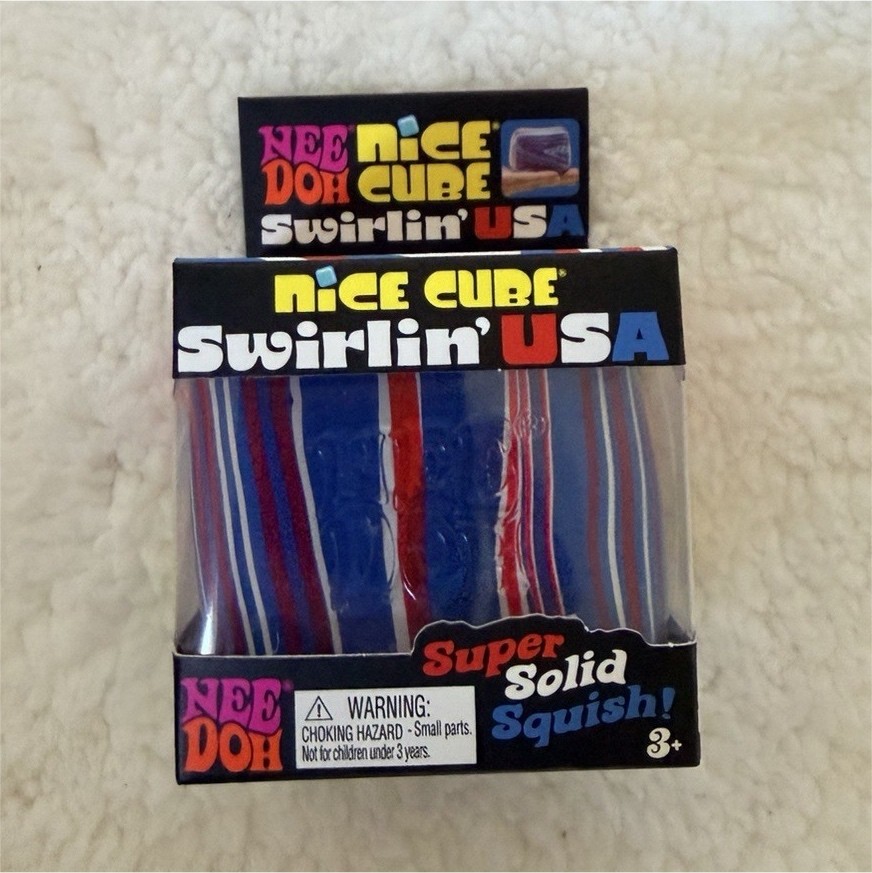 Nee Doh Nice Cube Swirlin' USA Super Solid Squish Blue Red White