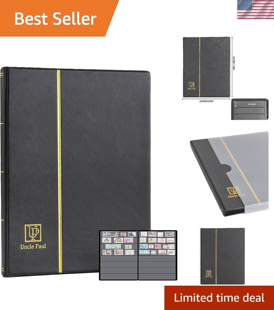 Elegant Black Stamp Album - 160 Pocket Collection Storage with Leatherette Cover