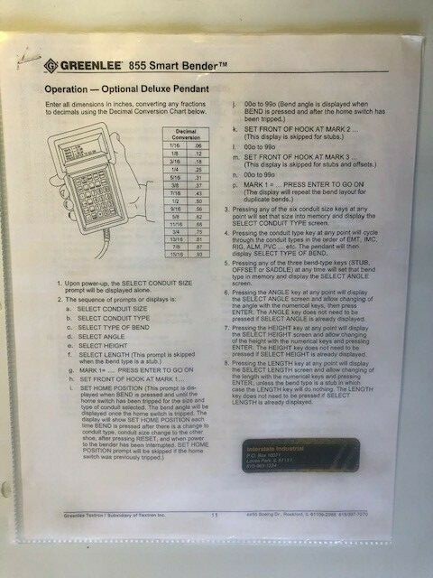 GREENLEE 855 DELUXE REMOTE COMPUTER CONTROLLER Calculates Bend Length & Offsets