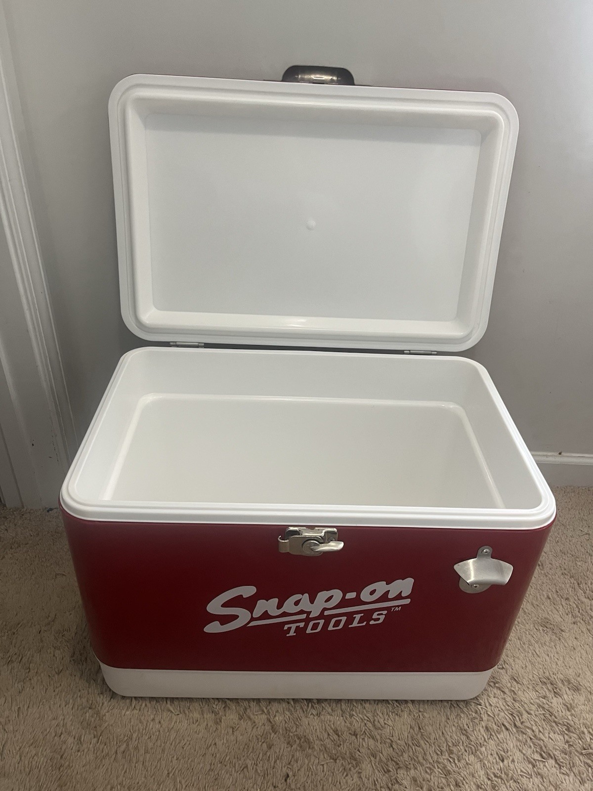Snap-on Ice Chest Cooler Red & White Metal Plastic with Bottle Opener