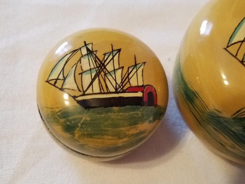 Vtg Lacquer Handpainted Nesting Boxes - Nautical Theme - Santa Maria & Pinta