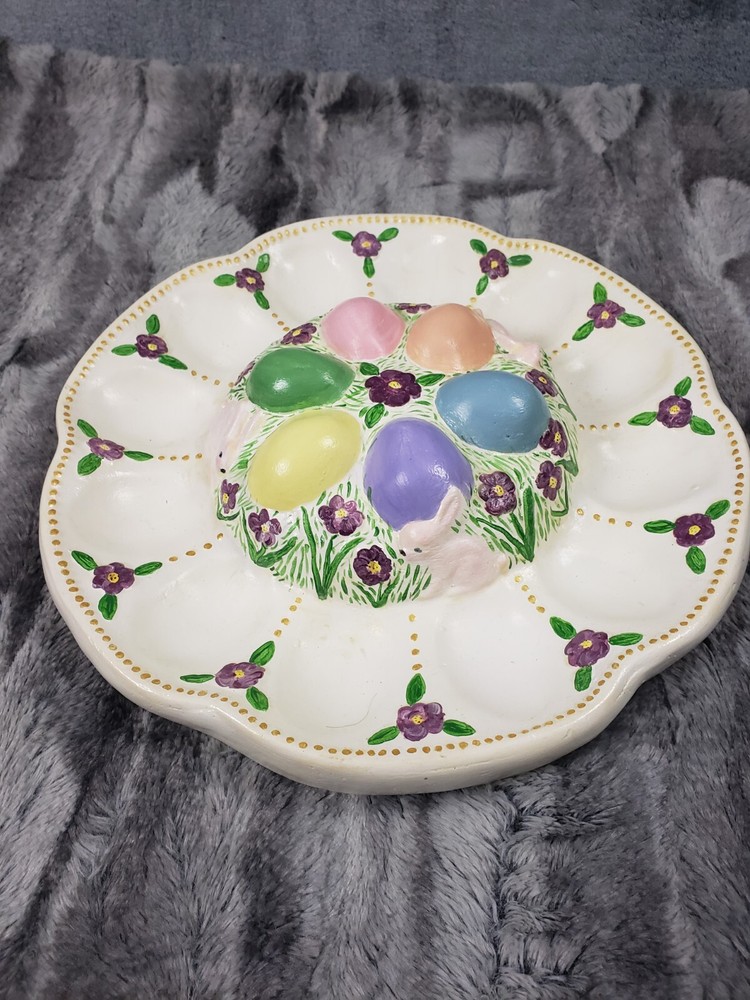 Vintage Deviled Egg Spring Easter Bunnies Flowers Plate Platter Ceramic