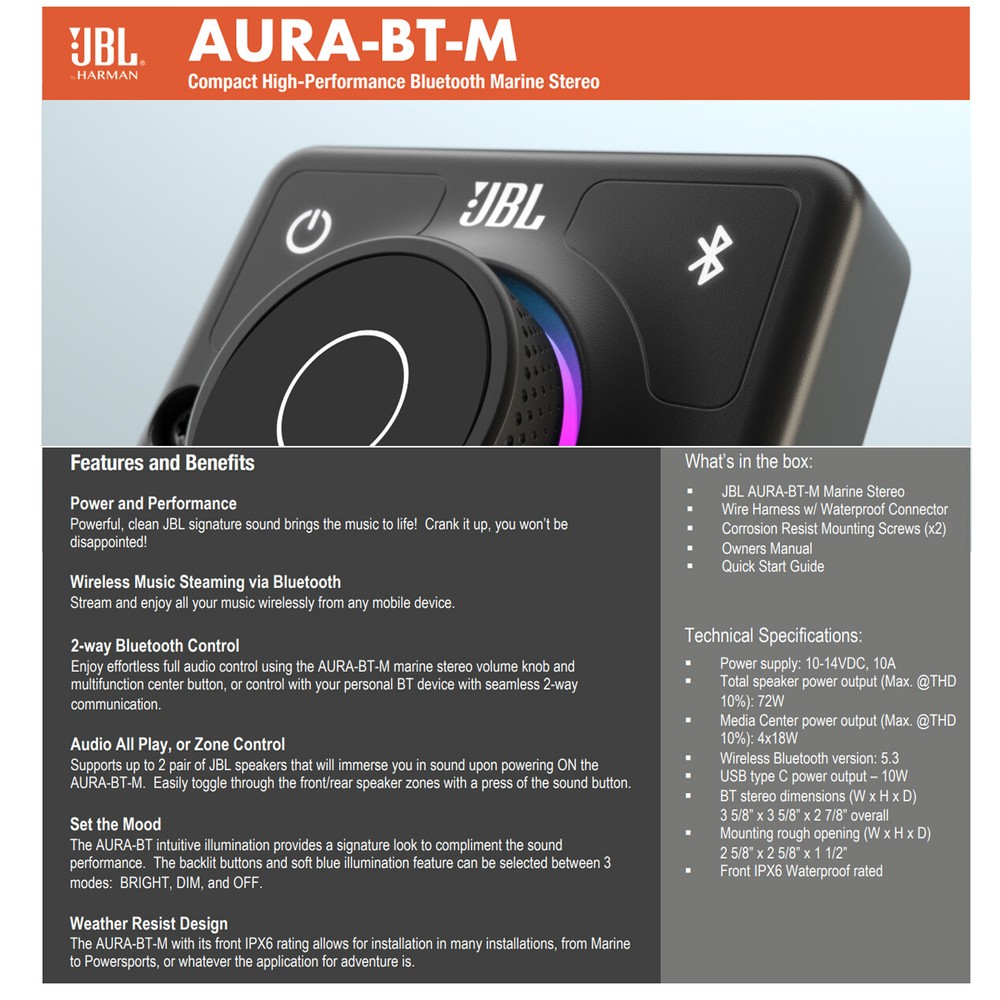 JBL AURA-BT-M Bluetooth Compact High-Performance 2-Way Marine Stereo Receiver