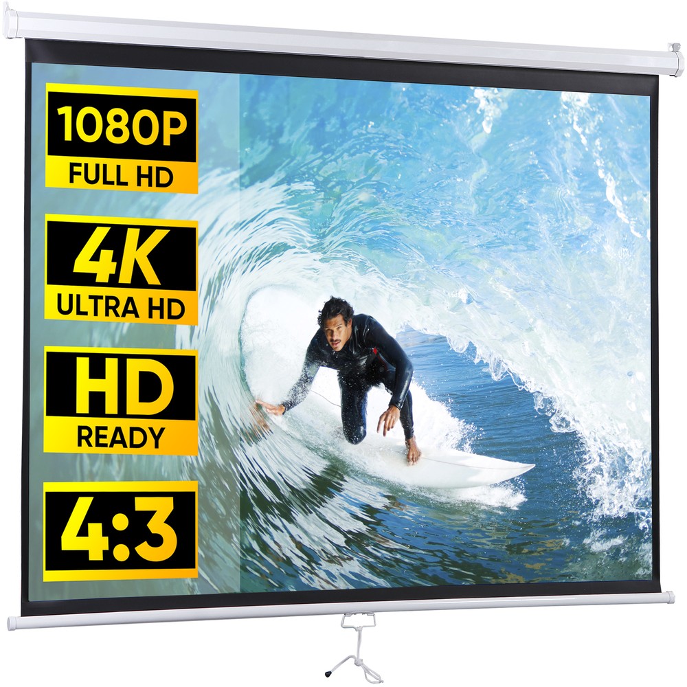 72" 4:3 HD Manual Pull Down Projector Screen Self-Locking for Home Theater White