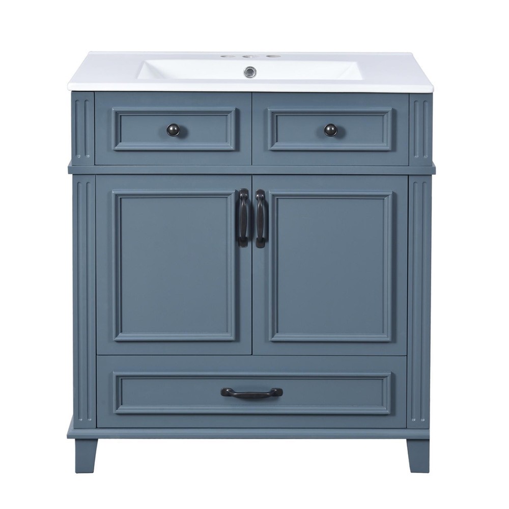 Retro 30'' Bathroom Vanity with Ceramic Basin, Sturdy Solid Wood Frame,