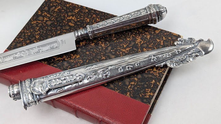 Vintage Antique Silver Gaucho Knife & Scabbard Cowboy Theme Argentinian Dagger