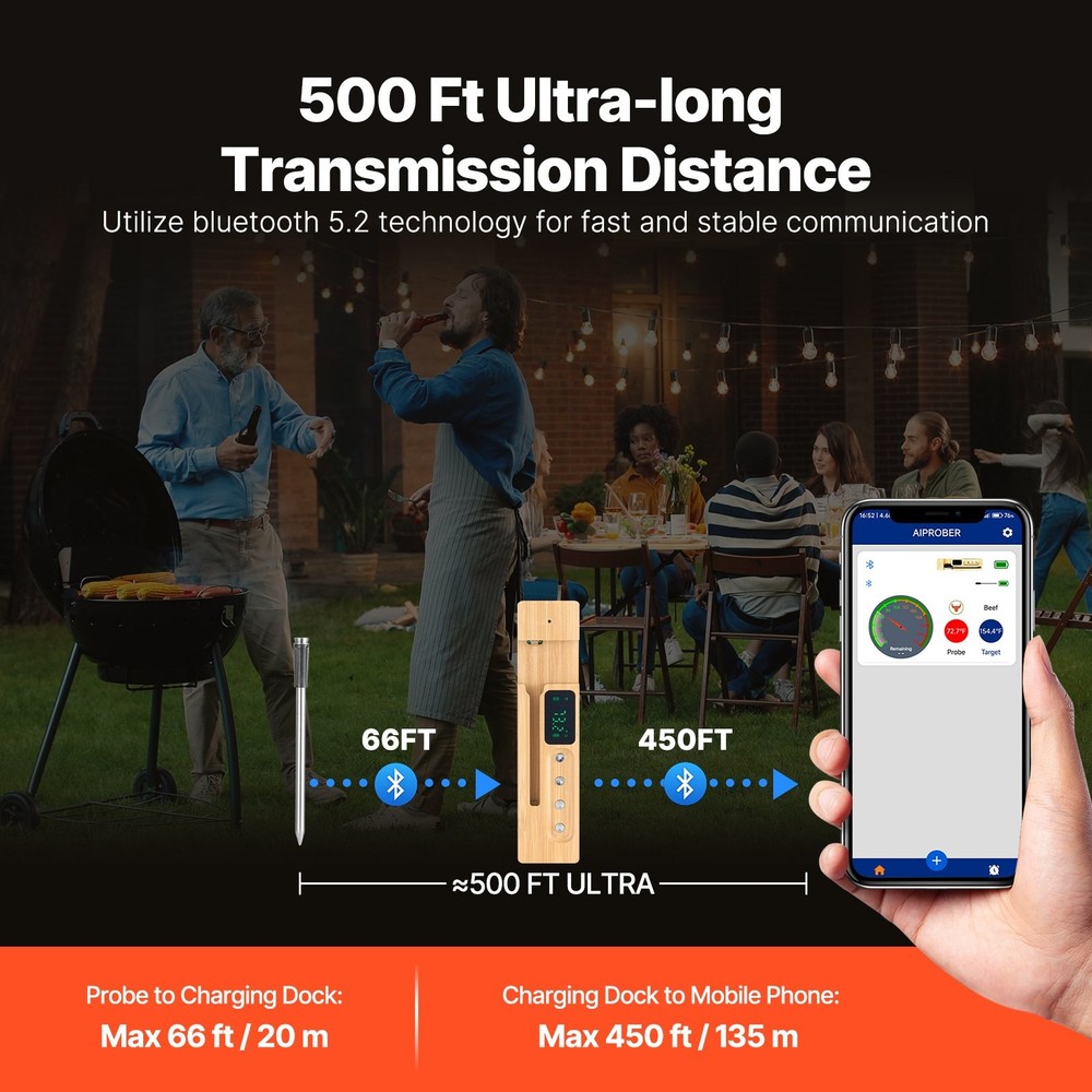 Wireless Meat Thermometer Bluetooth Meat Probe 500 Ft Range For Cooking