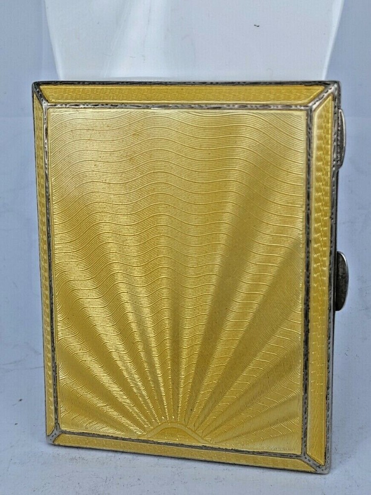 1932 high Art deco yellow guilloche sunburst pattern silver case
