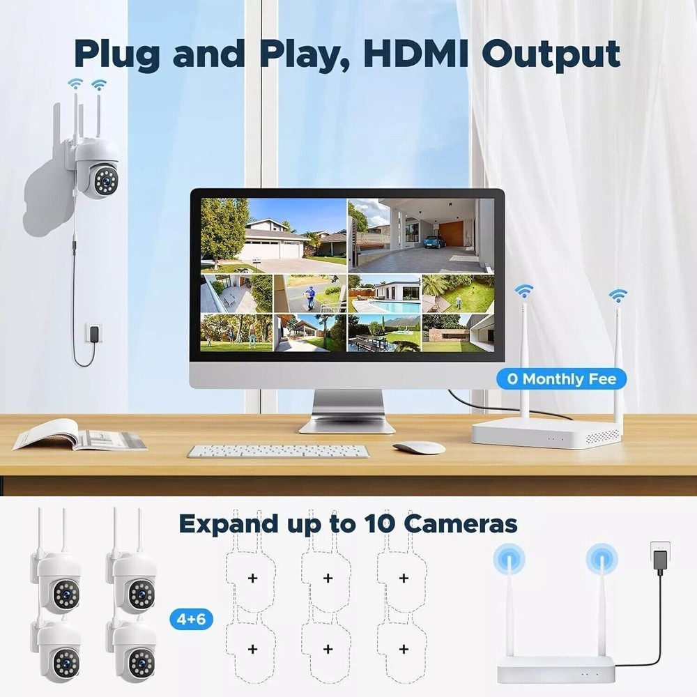 10CH HD Wireless CCTV Security Camera System Kit PT WiFi Camera Night Vision HDD