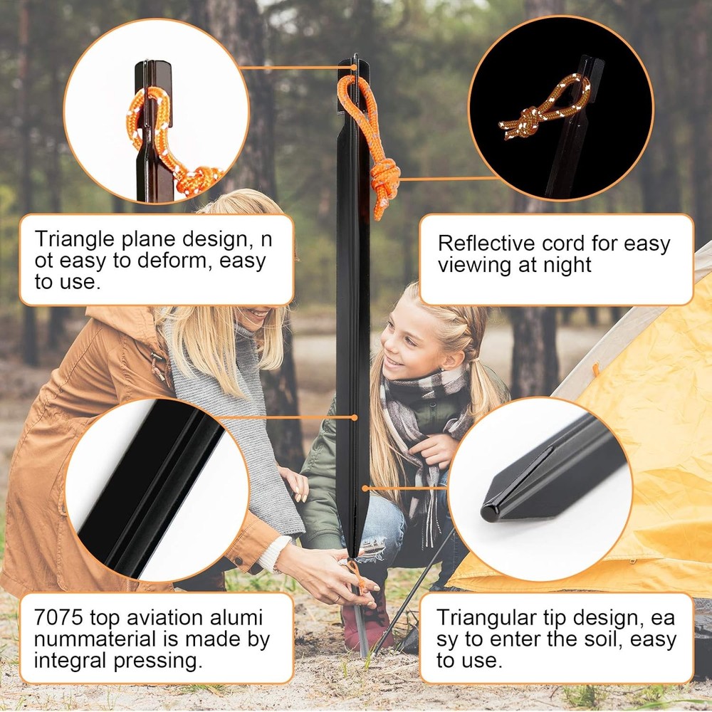 10 Pack Heavy Duty Aluminum Tent Stakes with Reflective Pull Ropes, Triangular G