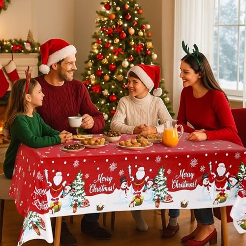 3PCS Christmas Tablecloth Rectangular Plastic Christmas Tablecloth, Winter Red