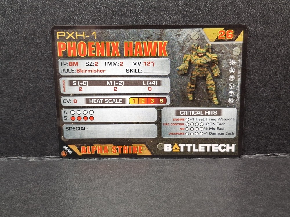 BattleTech Phoenix Hawk + Alpha Strike & Pilot Cards Inner Sphere Battle Lance