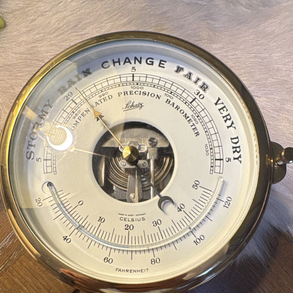Schatz Royal Mariner Brass Clock, Barometer & Cape Cod Wind Velocity Sailing