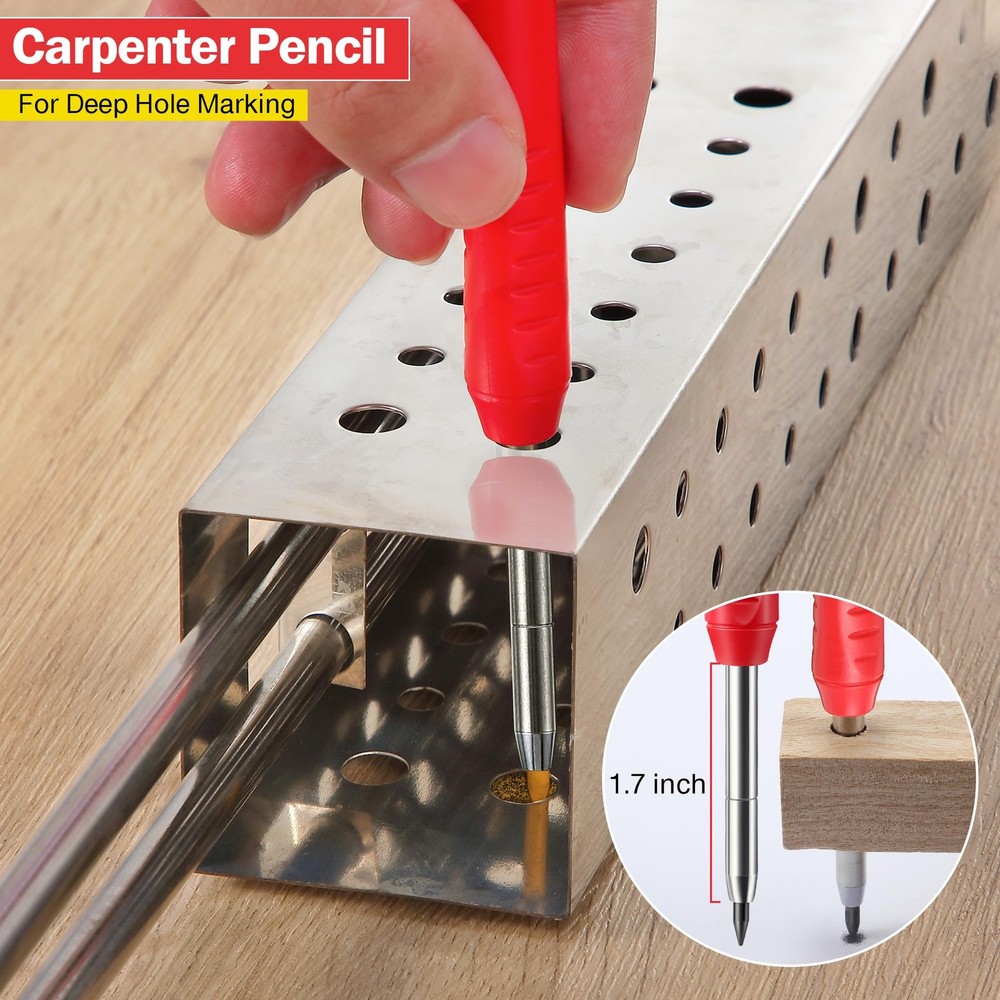 2 Pack Solid Carpenter Pencil with 14 Refill, Long Nosed Deep Hole Mechanical...