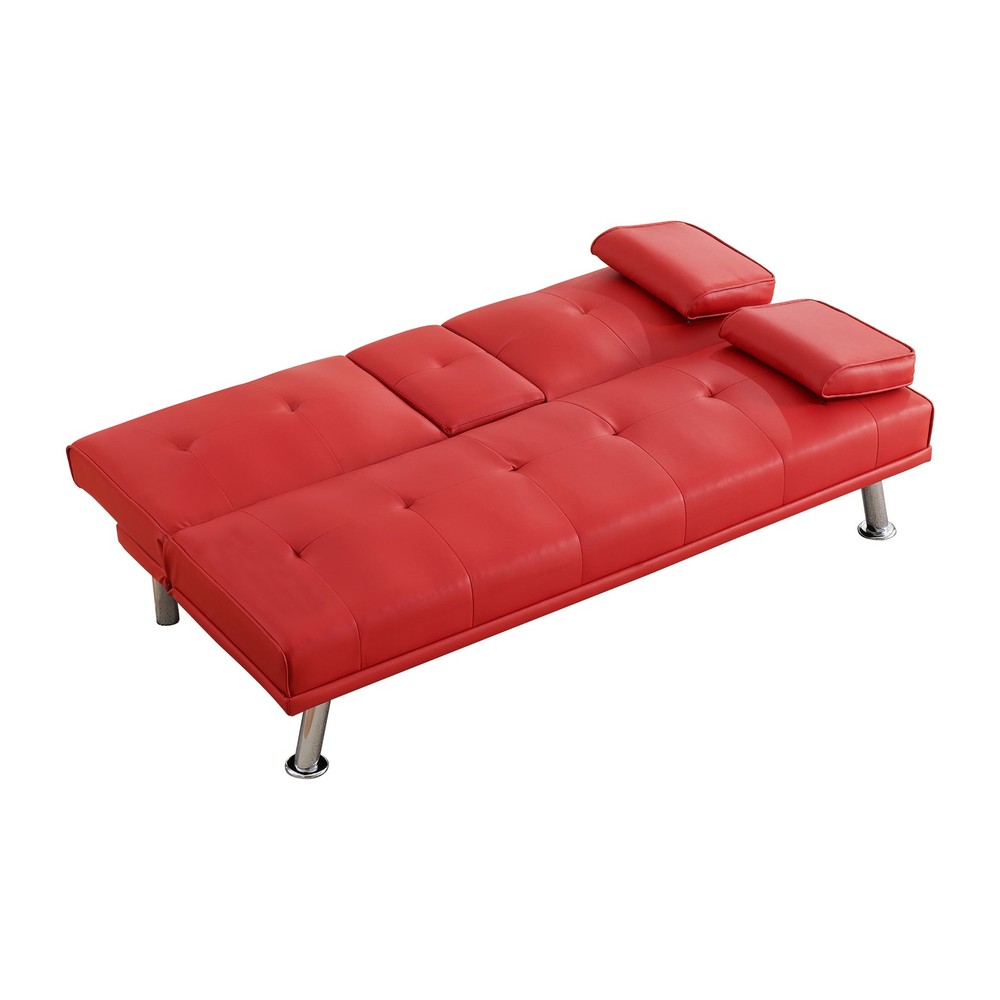 67-inch Red Leather Multifunctional Double Folding Sofa Bed with Coffee Table