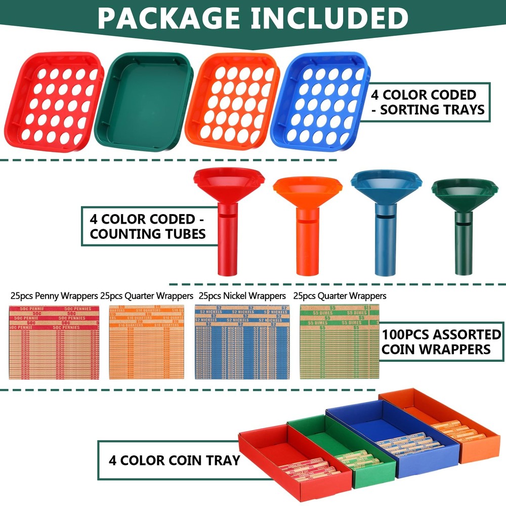 4 Color Coded Coin Sorter Tray Tube Bundle 100 PCS Assorted Wrappers Rolls