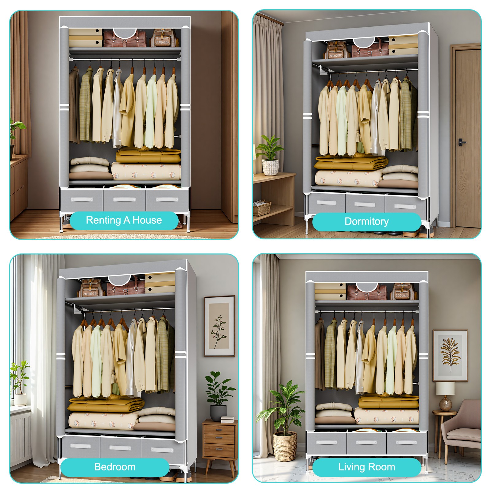 Portable Closet Wardrobe Clothes Rack Storage Organizer Shelf Stand w/ 3 Drawers