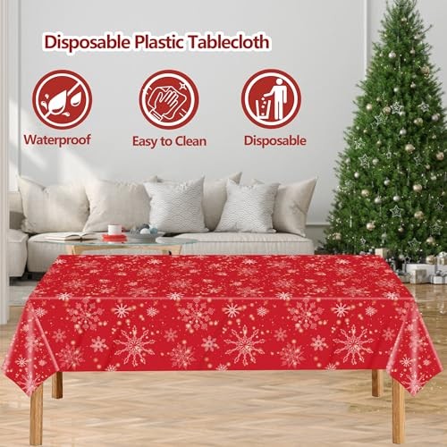 3 Pcs Tablecloth,Red Snowflake Rectangular Plastic Christmas Snowflake