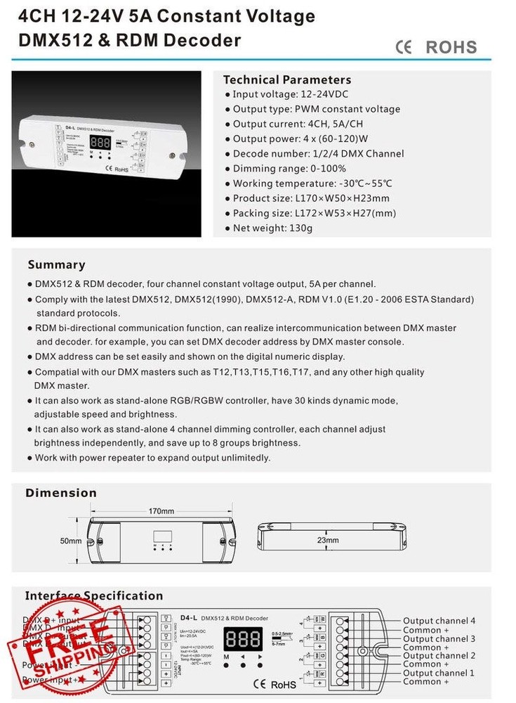 4CH 5A/CH DMX512 RDM Decoder RGBW Controller