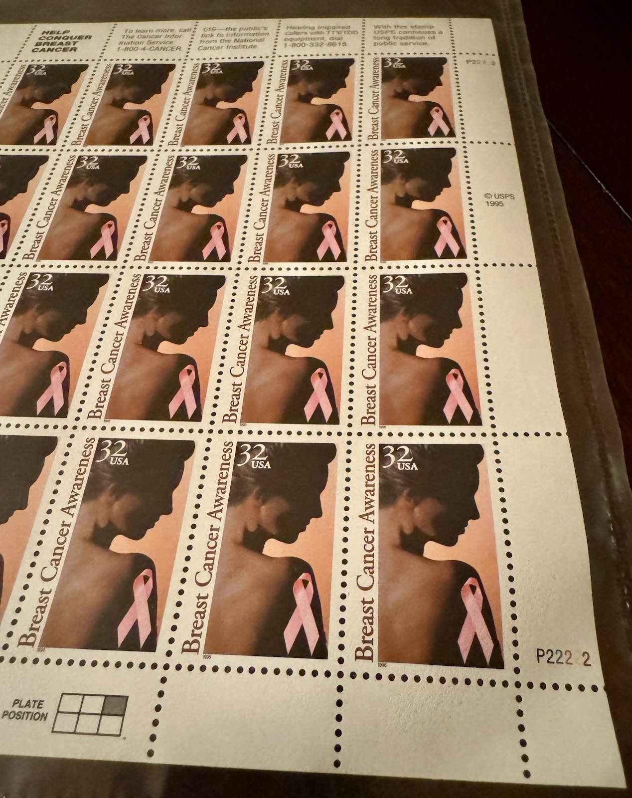 US Postage STAMPS 1996 Help Conquer Breast Cancer 32c 20 stamps MNH