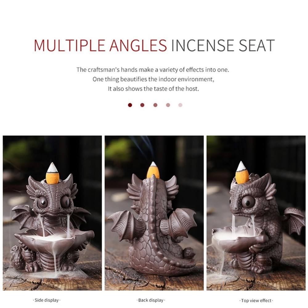 Ceramic Dragon Incense Burner, Cute Dinosaur Backflow Holder Brown